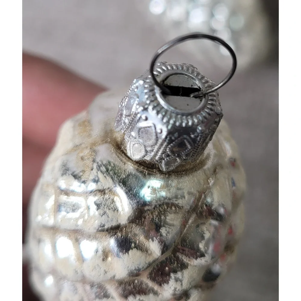 Set of 8 Vintage Mercury Glass Snowy Pinecone Christmas Ornaments Silver White